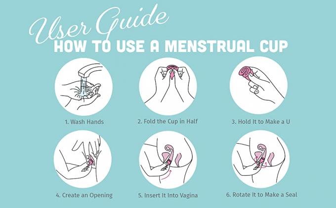 Illustrazioni che mostrano sei punti affinchè come utilizzino una tazza mestruale